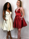 A Line V Neck Short Yellow Burgundy Prom Dresses, Yellow Burgundy Short Graduation Homecoming Dresses