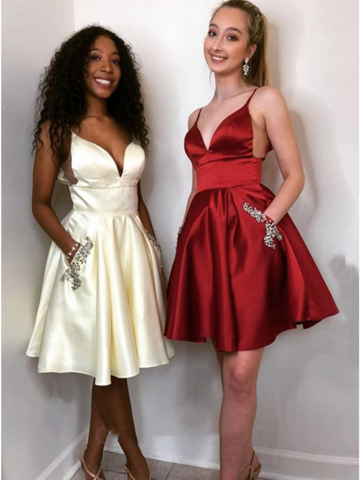A Line V Neck Short Yellow Burgundy Prom Dresses, Yellow Burgundy Short Graduation Homecoming Dresses
