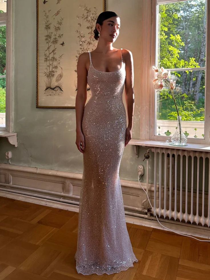 Gorgeous Pink Mermaid Straps Sequin Prom Dresses With Slit Graduation Dresses DP724