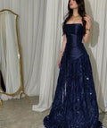 Elegant Straps Sheath Midnight Blue Long Prom Dresses Satin Midnight Blue Evening Gowns ED05150