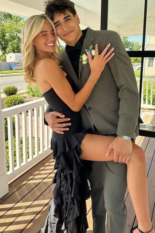 Black Strapless Ruffled Prom Party Dress with Slit