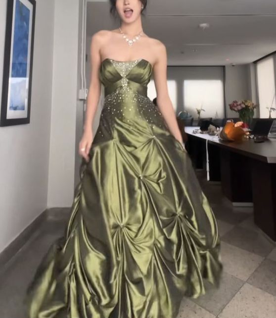 Pretty Ball Gown Strapless Satin Olive Green Long Ruffles Prom Dresses Formal Evening Dress SD2381