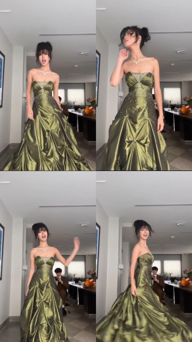 Pretty Ball Gown Strapless Satin Olive Green Long Ruffles Prom Dresses Formal Evening Dress SD2381