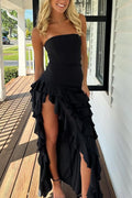 Black Strapless Ruffled Prom Party Dress with Slit